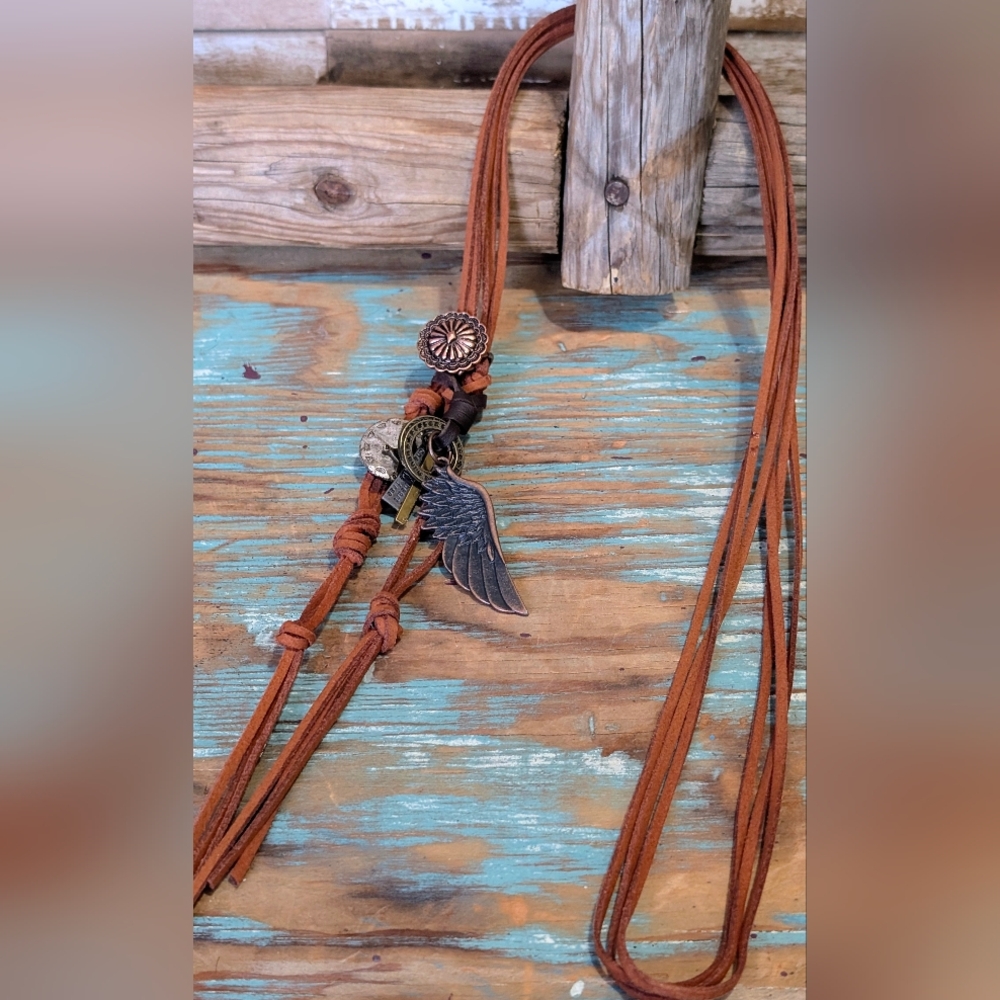 New Handcrafted Three Strand Brown Suede Knotted Necklace With Charms